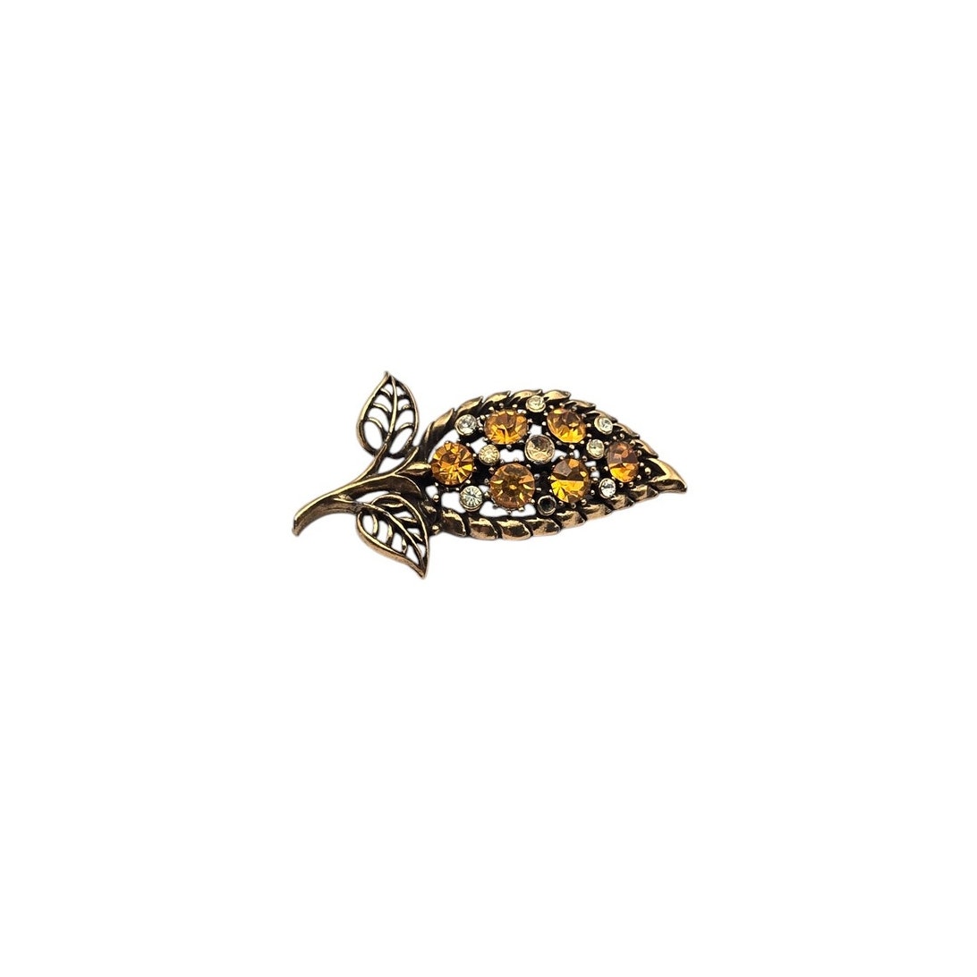 Coro Amber Rhinestone Leaf Brooch Gold Tone Vintage Mid Century Nature Elegance